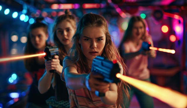 Quatre adolescentes jouant au laser game ensemble.