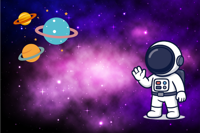 Astronaute saluant des planètes dans l'espace.