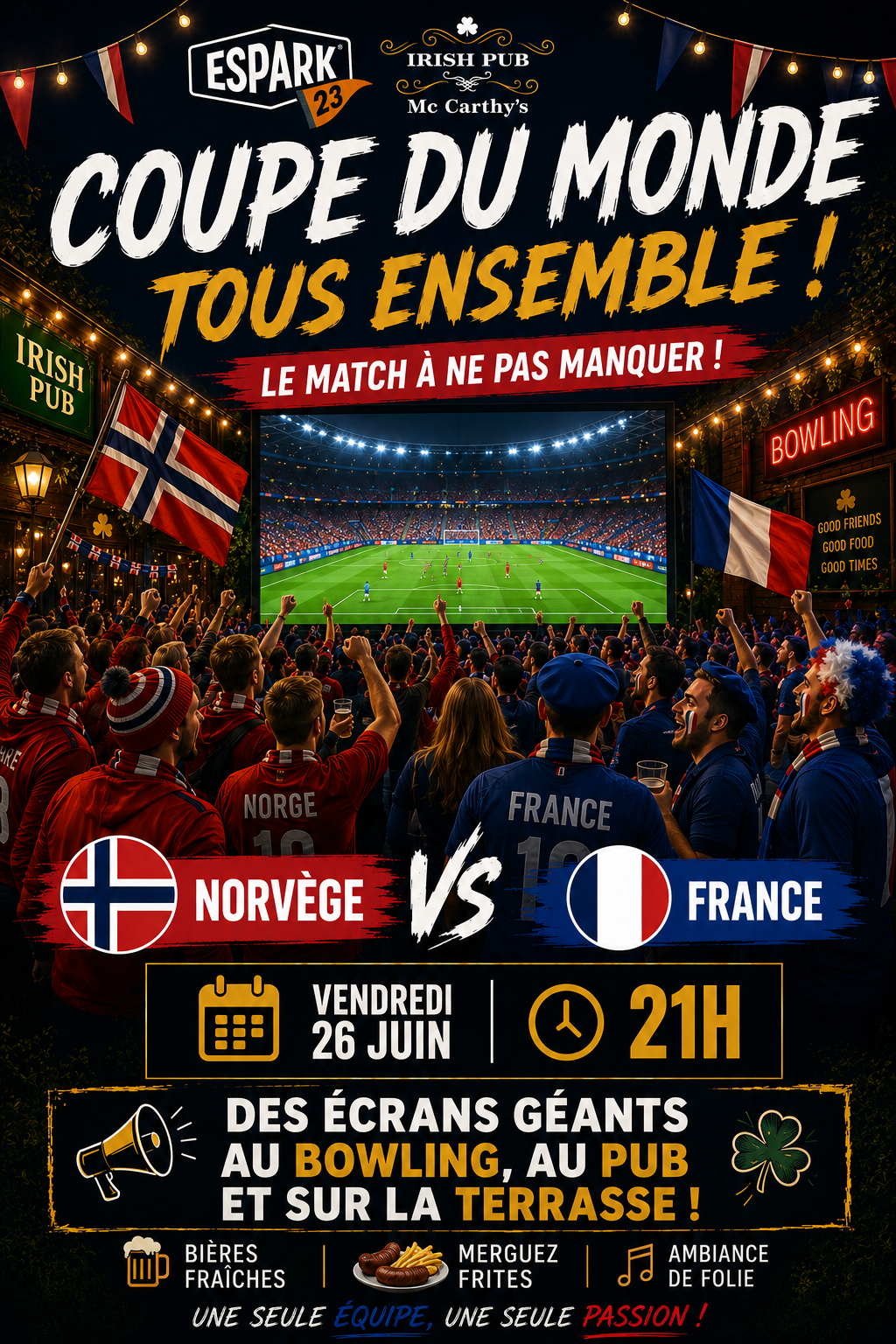 Affiche du match Norvège contre France au pub.