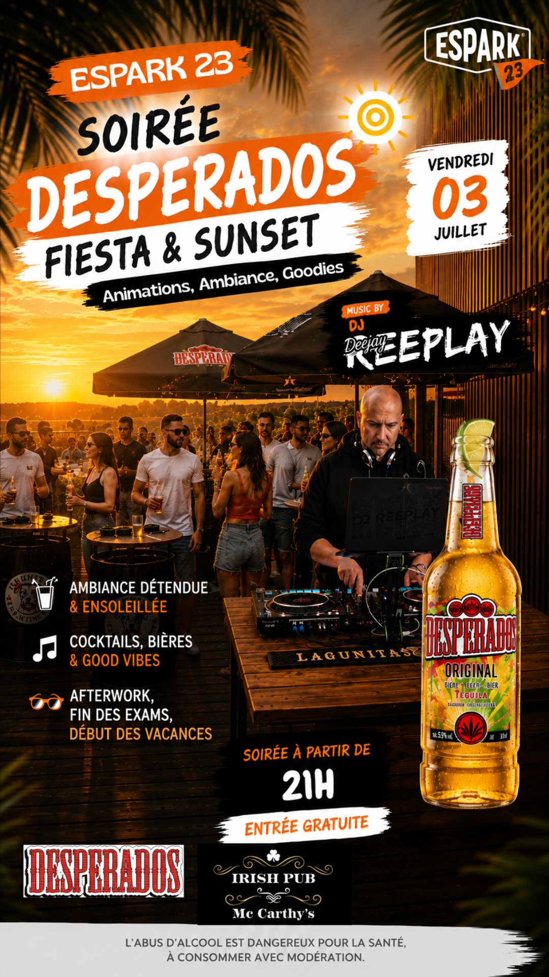 Affiche soirée Espark 23 Desperados, ambiance, musique, cocktails.