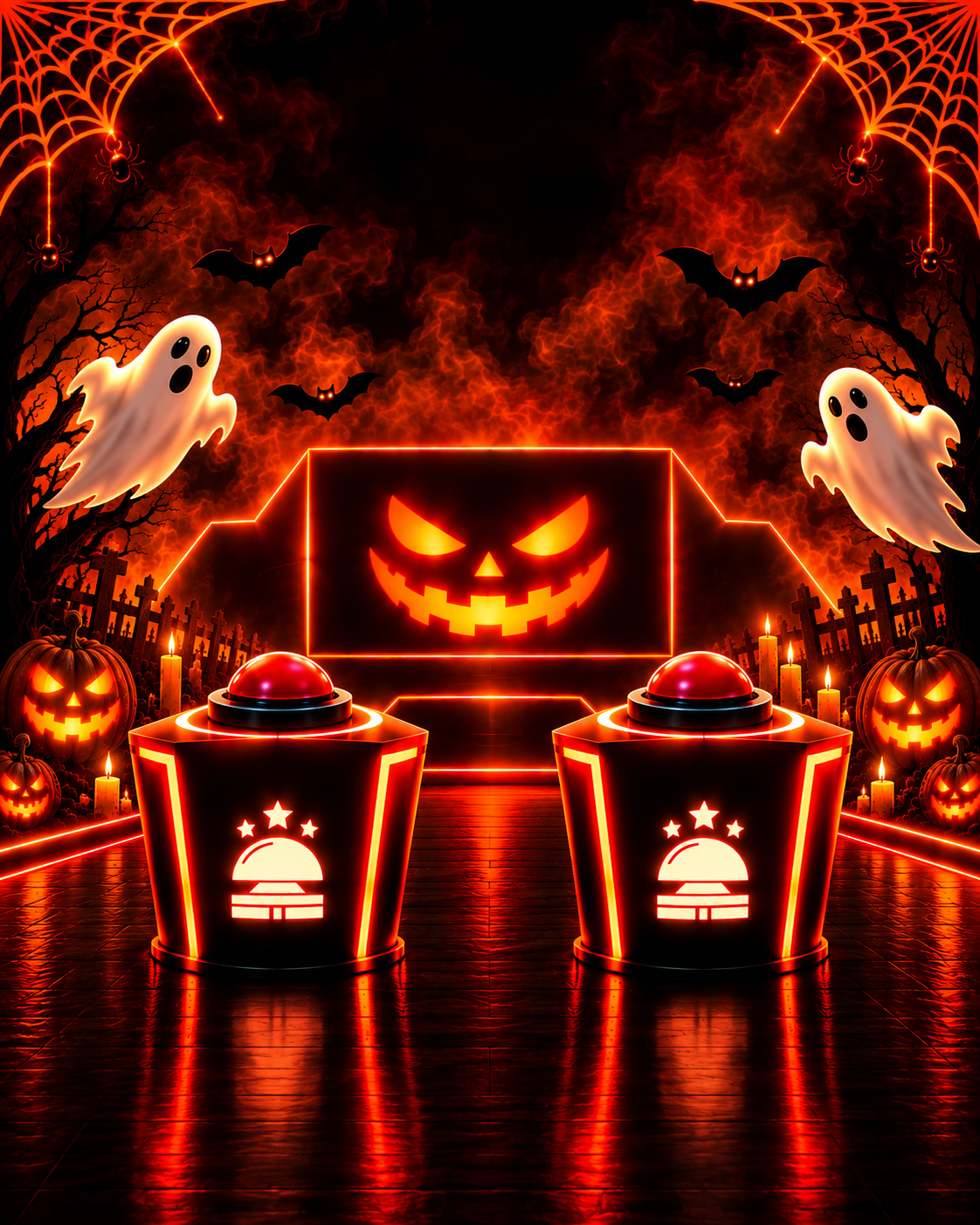 Décor lumineux d'Halloween avec fantômes et citrouilles.