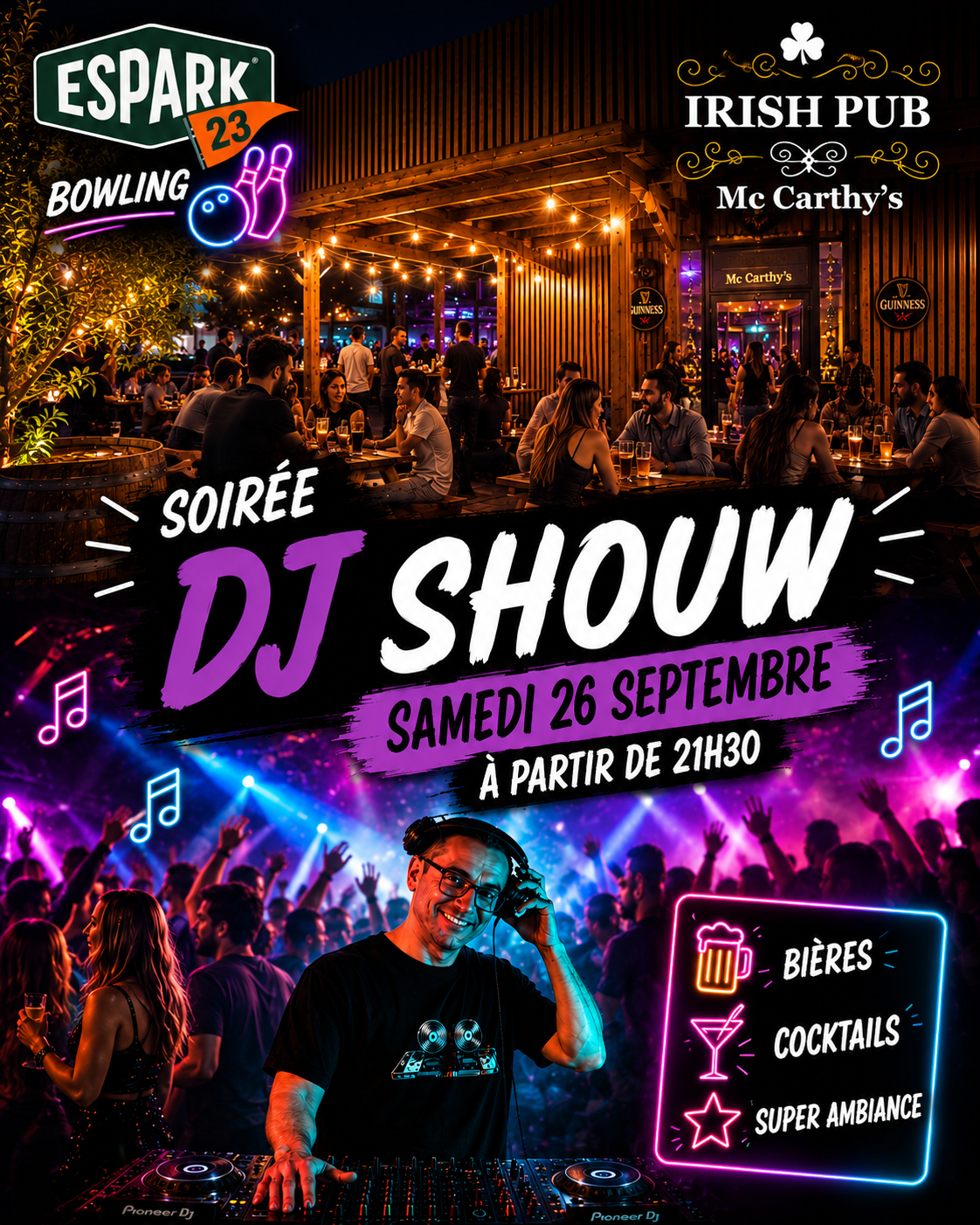 Affiche soirée DJ avec boissons et ambiance festive.