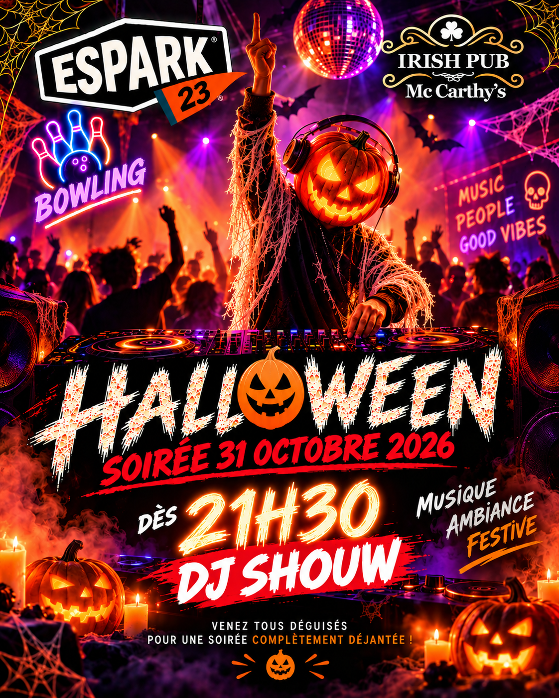 Affiche soirée Halloween bowling, 31 octobre 2026.
